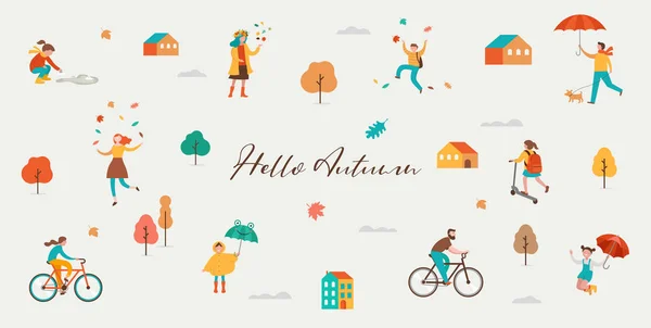 Podzim, podzimní scéna s různými roztomilým lidem, rodiny a děti se baví, hrají s podzimním listím a skáčou s deštníky. Dav maličkých mužů, dětí a žen pod deštěm. Royalty Free Stock Ilustrace