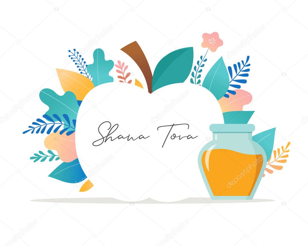 Rosh Hashana, Jewish holiday, New year scene with an apple, honey, flowers and leaves. Flat cartoon vector illustration for Jewish religious holiday celebration