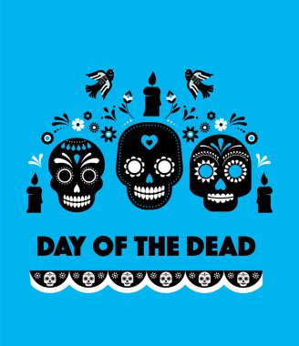 Ölüler günü, Dia de los muertos, renkli Meksika çiçekleriyle pankart. Fiesta, tatil afişi, parti broşürü, komik tebrik kartı.