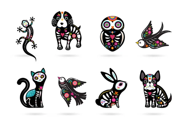 死者日，Dia de los莫埃尔托，动物头骨和骨架装饰着五颜六色的墨西哥元素和鲜花。节日，万圣节，节日海报，派对传单。矢量插图 — 图库矢量图片