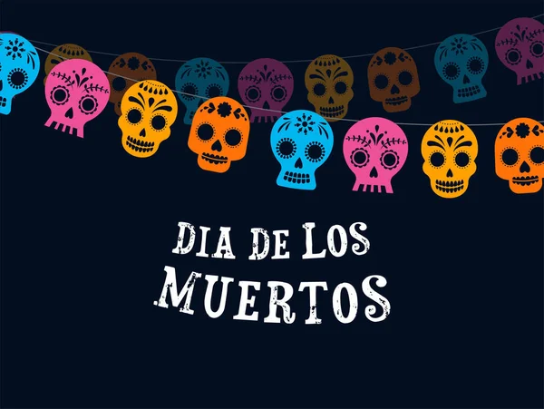 Ημέρα των νεκρών, Dia de los Muertos, πανό με πολύχρωμα μεξικάνικα λουλούδια. Φιέστα, αφίσα διακοπών, φυλλάδιο πάρτι, αστεία ευχετήρια κάρτα — Διανυσματικό Αρχείο