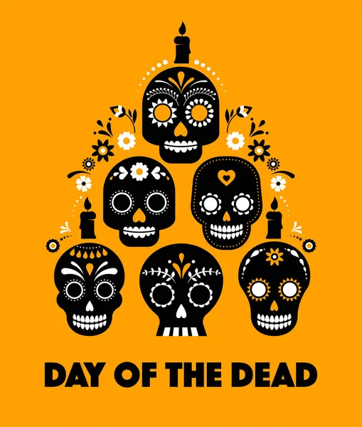 Jour des morts, Dia de los muertos, bannière aux fleurs mexicaines colorées. Fiesta, affiche de vacances, flyer de fête, drôle de carte de vœux — Image vectorielle