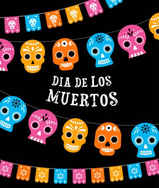 Ölüler günü, Dia de los muertos, renkli Meksika çiçekleriyle pankart. Fiesta, tatil afişi, parti broşürü, komik tebrik kartı.