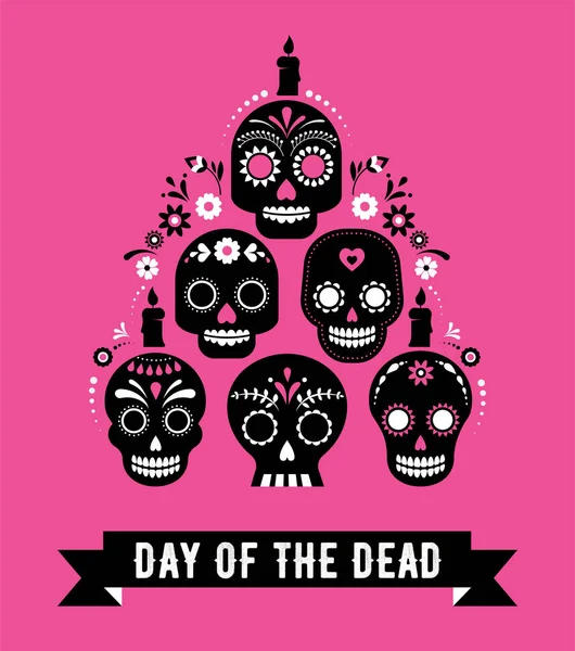 Jour des morts, Dia de los muertos, bannière aux fleurs mexicaines colorées. Fiesta, affiche de vacances, flyer de fête, drôle de carte de vœux — Image vectorielle