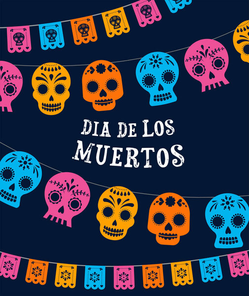 Day of the dead, Dia de los muertos, banner with colorful Mexican flowers. Fiesta, holiday poster, party flyer, funny greeting card