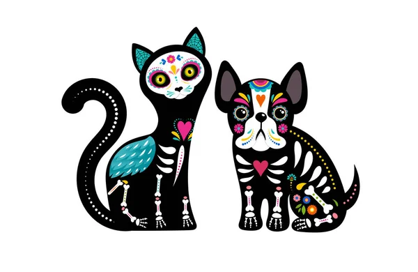 День мертвых, Dia de los muertos, черепа собак и кошек и скелет украшены красочными мексиканскими элементами и цветами. Фиеста, Хэллоуин, праздничный плакат, флаер для вечеринок. Векторная иллюстрация — стоковый вектор