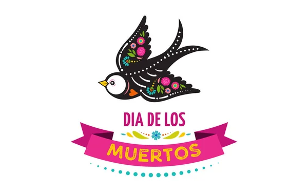 在死者的日子里 Dia Los Muertos 鸟类头骨和骷髅装饰着五彩斑斓的墨西哥元素和花朵 万圣节 假日海报 派对传单 矢量说明性模板 — 图库矢量图片