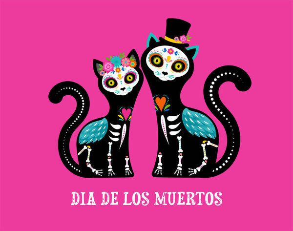 Day of the dead, Dia de los muertos, cats skulls and skeleton decorated with colorful Mexican elements and flowers. Fiesta, Halloween, holiday poster, party flyer. Vector illustration template