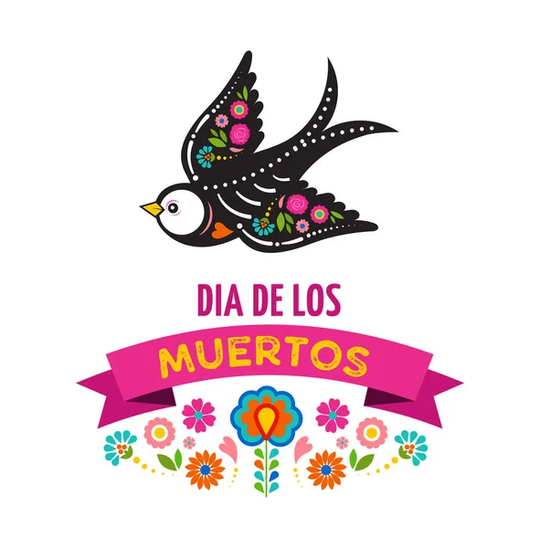 Día Los Muertos Día Los Muertos Calaveras Pájaros Esqueleto Decorado — Vector de stock