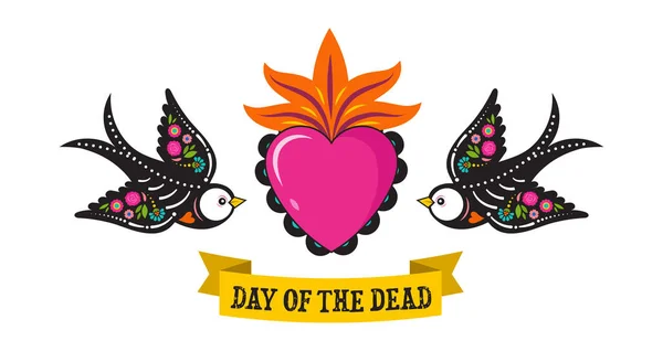 Dia dos mortos, Dia de los moertos, caveiras de pássaros e esqueleto decorado com elementos mexicanos coloridos e flores. Fiesta, Halloween, cartaz de férias, panfleto de festa. Ilustração vetorial — Vetor de Stock