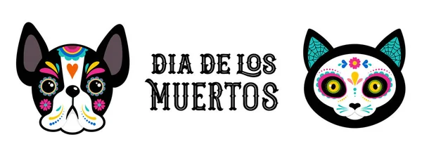 Dia dos mortos, Dia de los moertos, crânios de cão e gato e esqueleto decorado com elementos mexicanos coloridos e flores. Fiesta, Halloween, cartaz de férias, panfleto de festa. Ilustração vetorial — Vetor de Stock