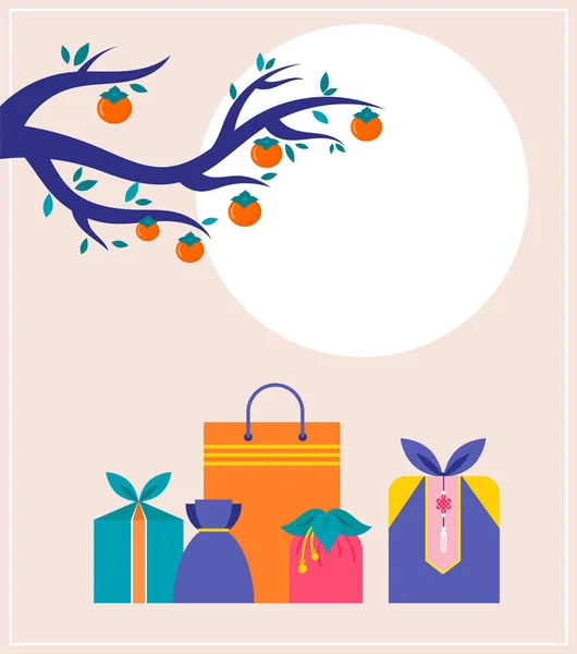 Festival del Medio Otoño. Chuseok, traducción de palabras en chino a mediados de otoño. Banner vectorial, fondo y póster con pastel de luna, familia feliz. Ilustración y diseño vectorial — Vector de stock