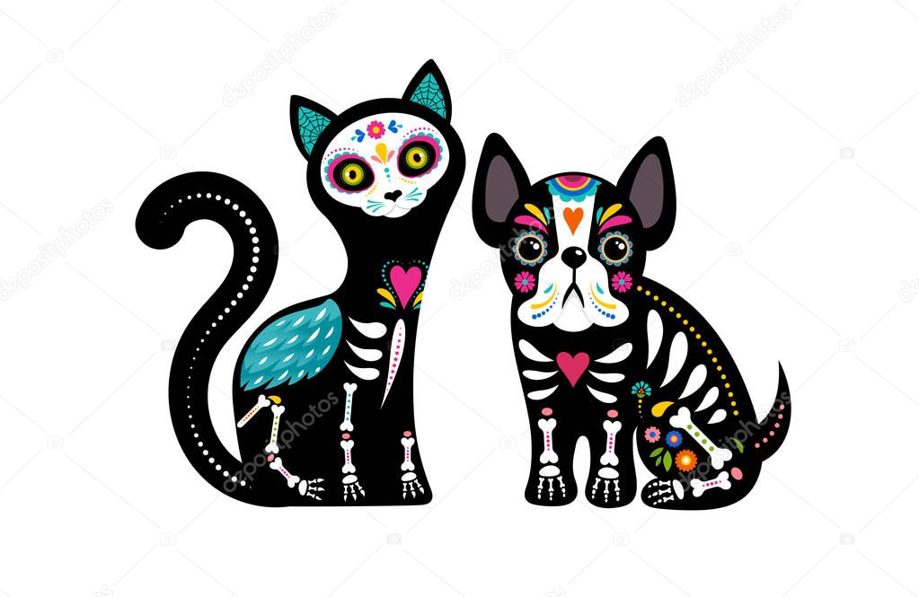 Day of the dead, Dia de los muertos, dog and cat skulls and skeleton decorated with colorful Mexican elements and flowers. Fiesta, Halloween, holiday poster, party flyer. Vector illustration