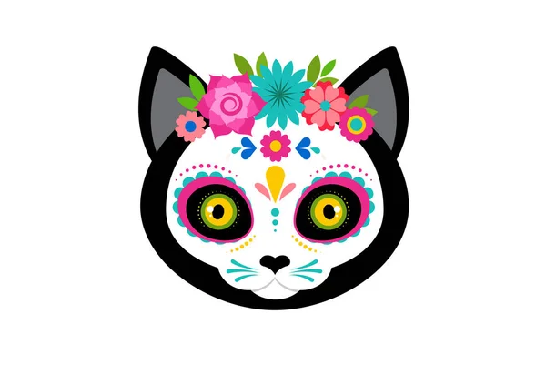 Day Dead Dia Los Moertos Cute Cat Head Skull Skeleton — Stock Vector