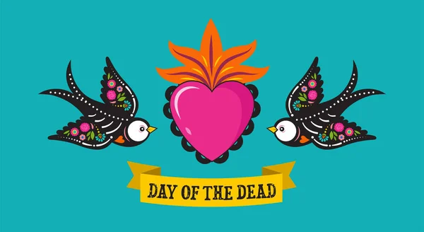 死者の日 ディア モエルトス 鳥の頭蓋骨とカラフルなメキシコの要素と花で飾られたスケルトン フィエスタ ハロウィーン ホリデーポスター パーティーチラシ ベクトルイラストテンプレート — ストックベクタ