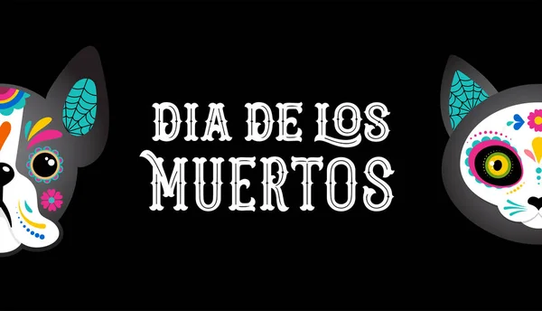 Dia Dos Mortos Dia Los Moertos Crânios Cão Gato Esqueleto — Vetor de Stock