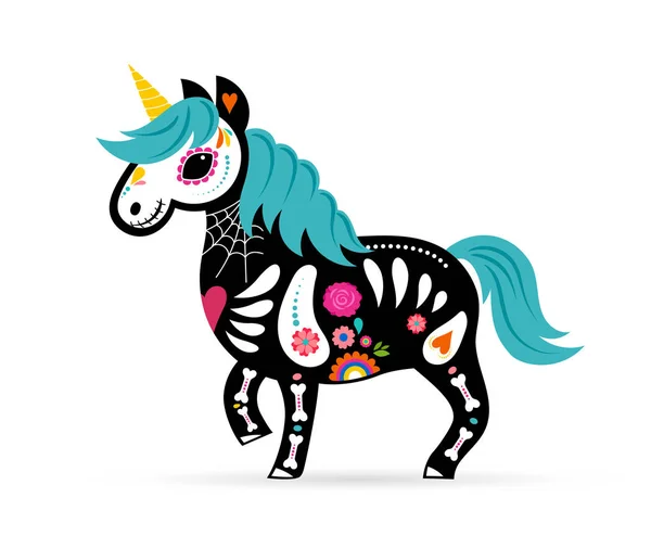 Día Los Muertos Día Los Muertos Cráneo Unicornio Esqueleto Decorado — Archivo Imágenes Vectoriales