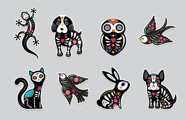 Día Los Muertos Dia Los Moertos Cráneos Animales Esqueleto Decorado — Vector de stock