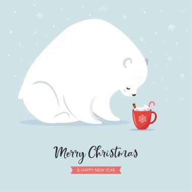Sevimli kutup ayısı ve sıcak çikolata kupa, kış ve Noel sahnesi. Banner, tebrik kartı, giyim ve etiket tasarımı için idealdir. Vektör çizimi
