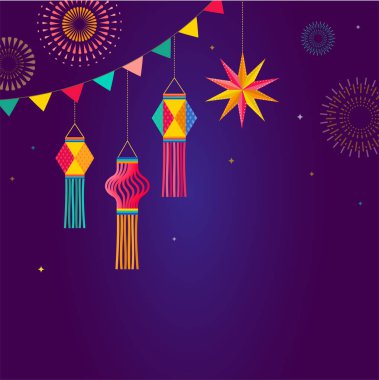 Mutlu Diwali Hindu bayrağı, tebrik kartı. Burning diya illüstrasyon, Hindistan ışık festivali için arka plan