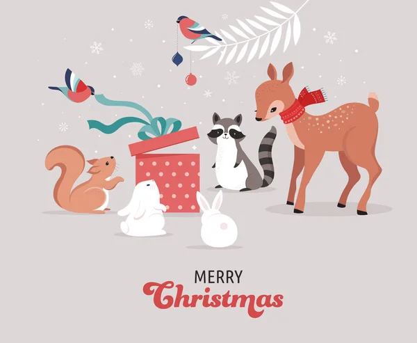 귀여운 숲 동물, 사슴, 토끼, 너구리, 곰과 다람쥐와 겨울과 크리스마스 장면. 배너, 인사말 카드, 의류 및 라벨 디자인에 적합합니다. 벡터 일러스트레이션 — 스톡 벡터