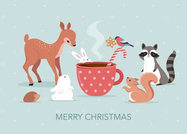 Милые лесные животные, зимняя и рождественская сцена с оленями, кроликами, енотами, медведями и белками. Перфект для баннера, поздравительной открытки, эмблемы и оформления этикетки. Векторная иллюстрация — стоковый вектор