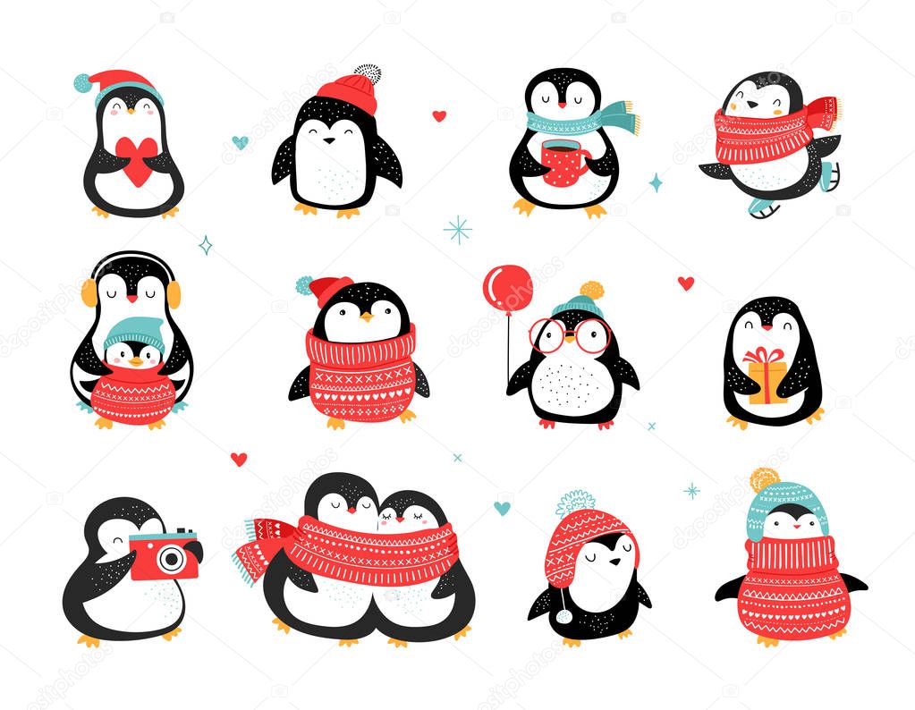 Cute hand drawn penguins collection, Merry Christmas greetings. Vector illustration