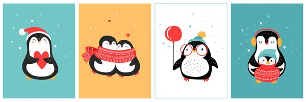 Linda colección de pingüinos dibujados a mano, Feliz Navidad saludos. Ilustración vectorial — Archivo Imágenes Vectoriales