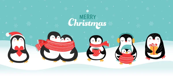 Linda colección de pingüinos dibujados a mano, Feliz Navidad saludos. Ilustración vectorial — Archivo Imágenes Vectoriales