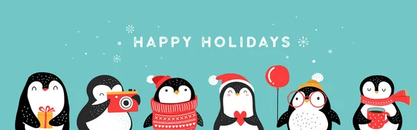 Linda colección de pingüinos dibujados a mano, Feliz Navidad saludos. Ilustración vectorial — Archivo Imágenes Vectoriales