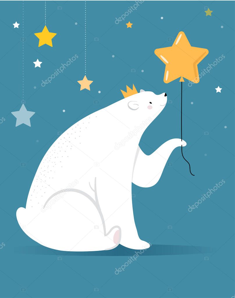 Merry Christmas greeting card, banner. White polar bear is holding gold star balloon, vector cartoon illustration