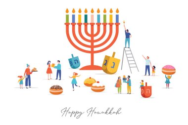 Happy Hanukkah, Jewish Festival of Lights scene with people, happy families with children. clipart