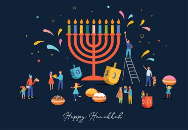 Happy Hanukkah, Jewish Festival of Lights scene with people, happy families with children clipart