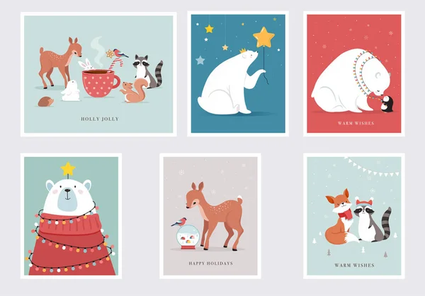 Animales del bosque de invierno, tarjetas de felicitación Feliz Navidad, carteles con oso lindo, aves, conejo, ciervo, ratón y pingüino . — Archivo Imágenes Vectoriales