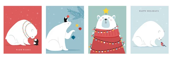 Animaux de la forêt d'hiver, Joyeux Noël cartes de souhaits, affiches avec ours mignon, oiseaux, lapin, cerf, souris et pingouin . — Image vectorielle