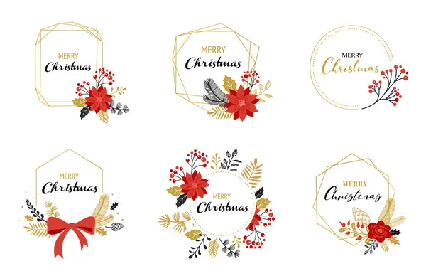 Frohe Weihnachten Logos, handgezeichnet elegant, zarte Monogramme isoliert auf weißem Hintergrund. Handgezeichnetes Vektorset — Stockvektor