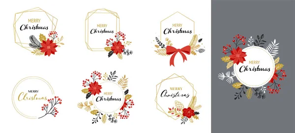 Frohe Weihnachten Logos, handgezeichnet elegant, zarte Monogramme isoliert auf weißem Hintergrund. handgezeichnete Vektorsammlung — Stockvektor