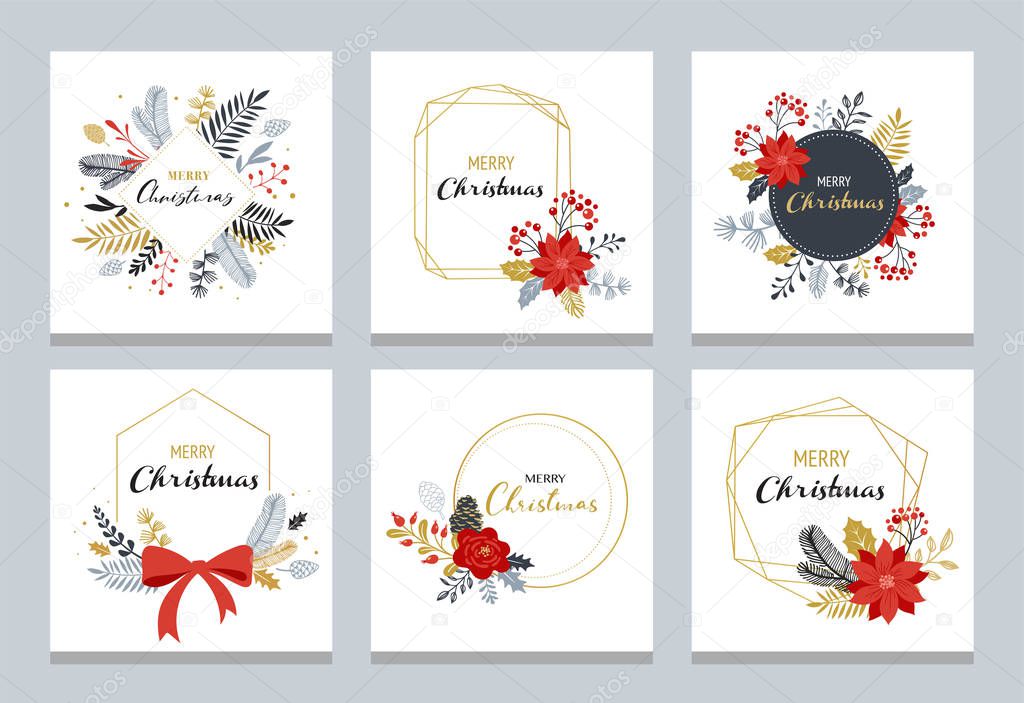 Merry Christmas logos, hand drawn elegant, delicate monograms isolated on white background. Hand drawn vector collection