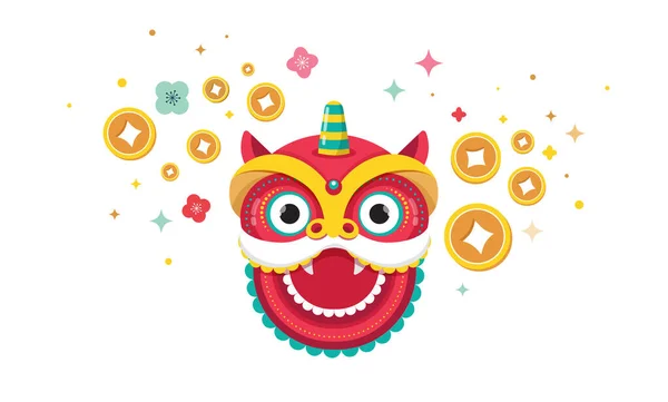 Glad kinesisk nyårsdesign 2020. Dansande drake, blommor och pengar element. Vektor illustration och banner koncept i platt stil — Stock vektor