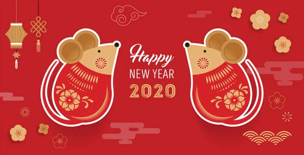 Happy Chinese new year design. 2020 Rat zodiac. Cute mouse cartoon. Vector illustration and banner concept in flat style — Stock Vector