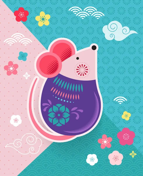 Selamat desain tahun baru Cina. 2020 Rat zodiak. Cute mouse kartun . - Stok Vektor