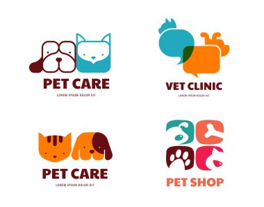 Hayvan dükkanı, veteriner kliniği, köpek ve kedi logosu, sembol. Vektör tasarımı ve illüstrasyonu