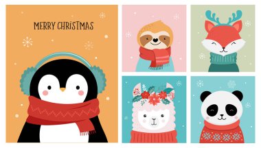 Noel sevimli hayvan koleksiyonu, Mutlu Noel çizimleri panda, tilki, lama, miskin hayvan, kedi ve köpek kış aksesuarları