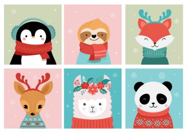 Noel sevimli hayvan koleksiyonu, Mutlu Noel çizimleri panda, tilki, lama, miskin hayvan, kedi ve köpek kış aksesuarları
