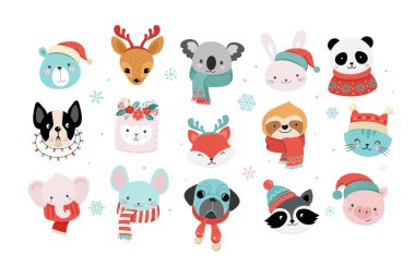 Noel sevimli hayvan koleksiyonu, Mutlu Noel çizimleri panda, tilki, lama, miskin hayvan, kedi ve köpek kış aksesuarları