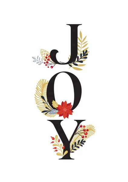 Joy, Vrolijke kerstkaart met belettering op elegante bloemige achtergrond. Vector ontwerpkaart en banner — Stockvector