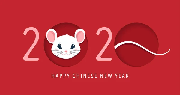 Šťastný čínský novoroční design. 2020 Krysí zvěrokruh. Roztomilá kreslená myš. Vektorová ilustrace a nápis — Stockový vektor