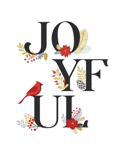 Joyeux, joyeux, carte de Noël avec lettrage sur fond floral élégant. Carte et bannière vectorielles — Image vectorielle
