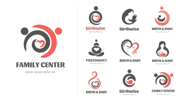 Nascimento, gravidez, família e logotipos de cuidados com o bebê e coleção símbolo. Design de vetores — Vetor de Stock