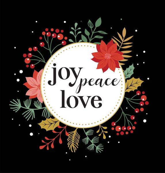 Joy, peace, love, Merry Christmas card with lettering on elegant floral background. Tarjeta de diseño del vector y banner — Archivo Imágenes Vectoriales